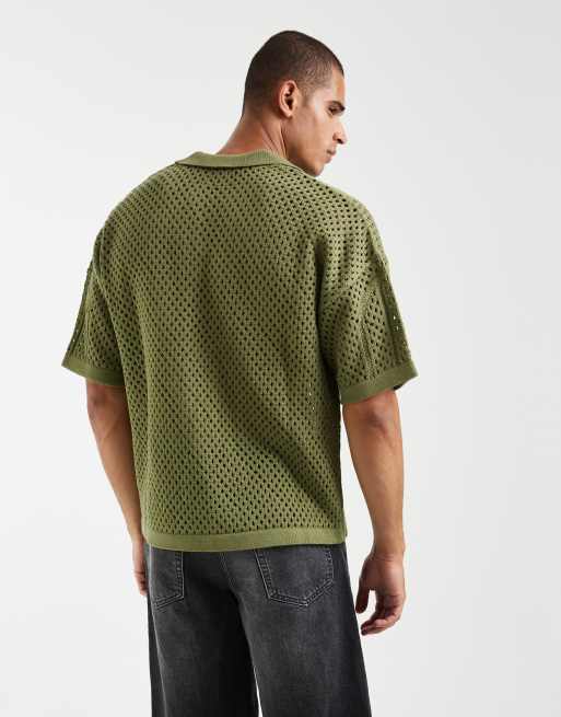 ASOS DESIGN - Polo oversize en maille avec col à encoche et empiècements en tulle - Kaki, 4 de 5