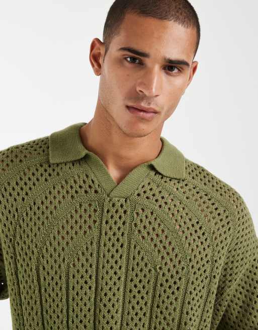 ASOS DESIGN - Polo oversize en maille avec col à encoche et empiècements en tulle - Kaki, 5 de 5
