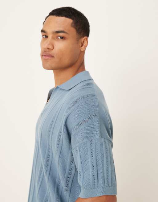 ASOS DESIGN - Polo oversize en maille côtelée avec col à encoche - Bleu, 4 de 5