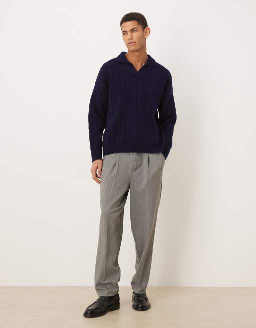 ASOS DESIGN - Polo oversize en maille côtelée avec manches longues et col à encoche - Bleu marine, 2 de 5