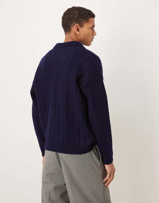 ASOS DESIGN - Polo oversize en maille côtelée avec manches longues et col à encoche - Bleu marine, 3 de 5