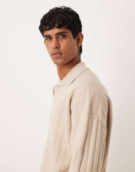 ASOS DESIGN - Polo oversize en maille côtelée avec manches longues et col à encoche - Taupe , 4 de 5