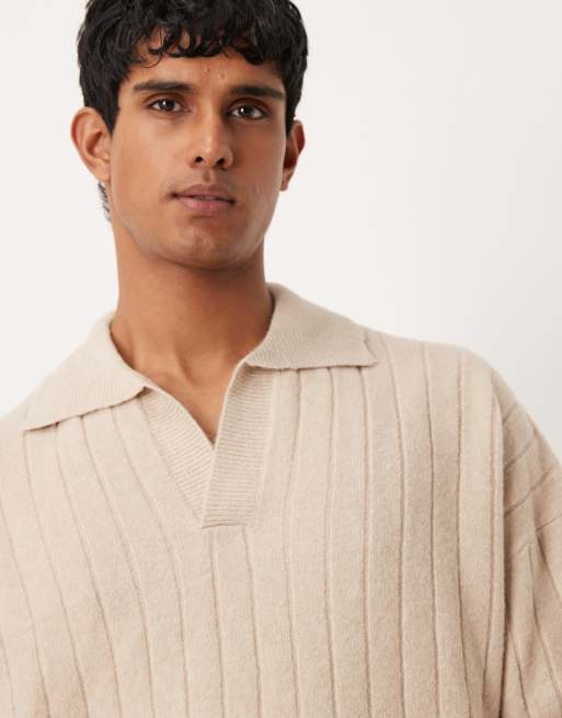 ASOS DESIGN - Polo oversize en maille côtelée avec manches longues et col à encoche - Taupe , 5 de 5