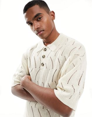 ASOS DESIGN oversized knitted pointelle polo in stone - ASOS Price Checker