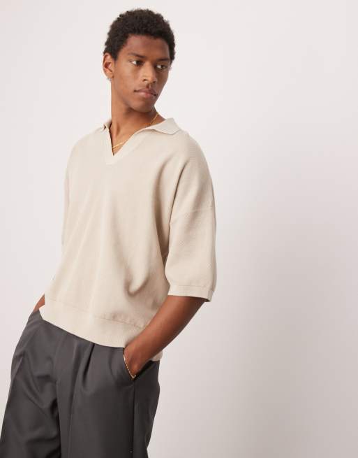 ASOS DESIGN - Polo oversize en maille texturée à col cranté - Écru 