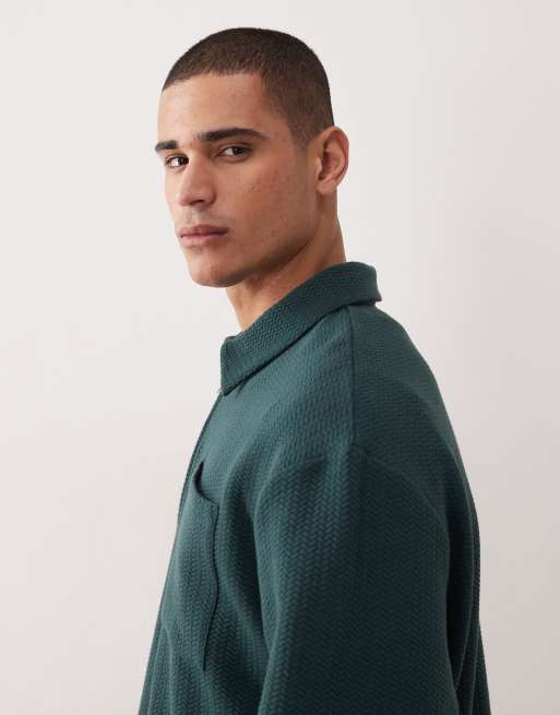 ASOS DESIGN - Polo oversize en tissu texturé effet bulles à col zippé - Vert foncé, 4 de 5