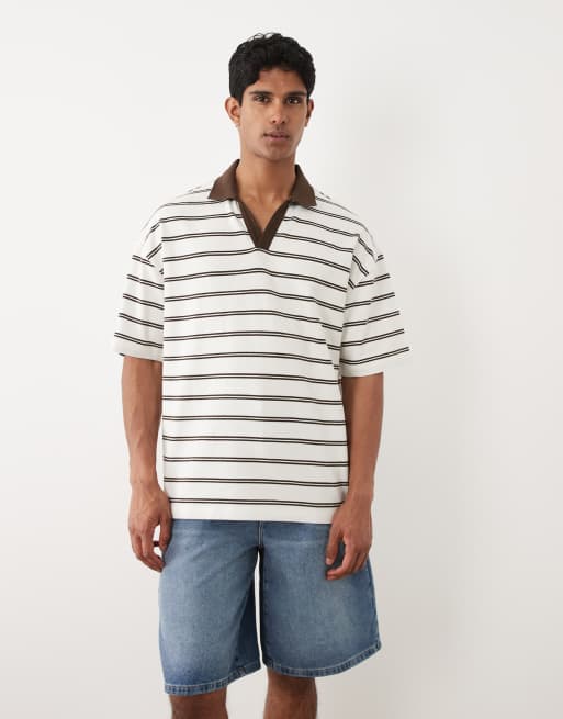 ASOS DESIGN - Polo oversize épais à rayures - Blanc cassé et marron, 3 de 5