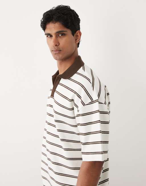 ASOS DESIGN - Polo oversize épais à rayures - Blanc cassé et marron, 5 de 5