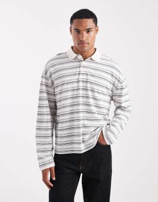 ASOS DESIGN - Polo oversize épais coupe carrée à manches longues en tissu texturé - Rayures neutres-Multicolore