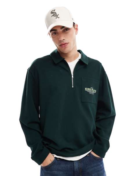 ASOS DESIGN - Polo oversize in jersey testurizzato verde scuro con stampa sulla tasca - view 1