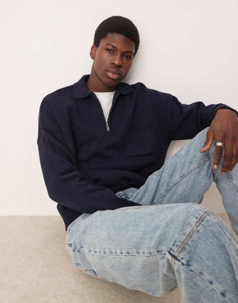 ASOS DESIGN - Polo oversize in maglia blu navy con zip corta e tasche sul petto - view 1