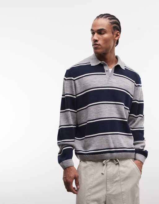 ASOS DESIGN - Polo oversize in maglia color blu navy e grigio a righe