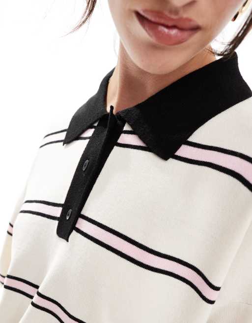 ASOS DESIGN - Polo oversize in maglia color crema a righe, 2 di 4