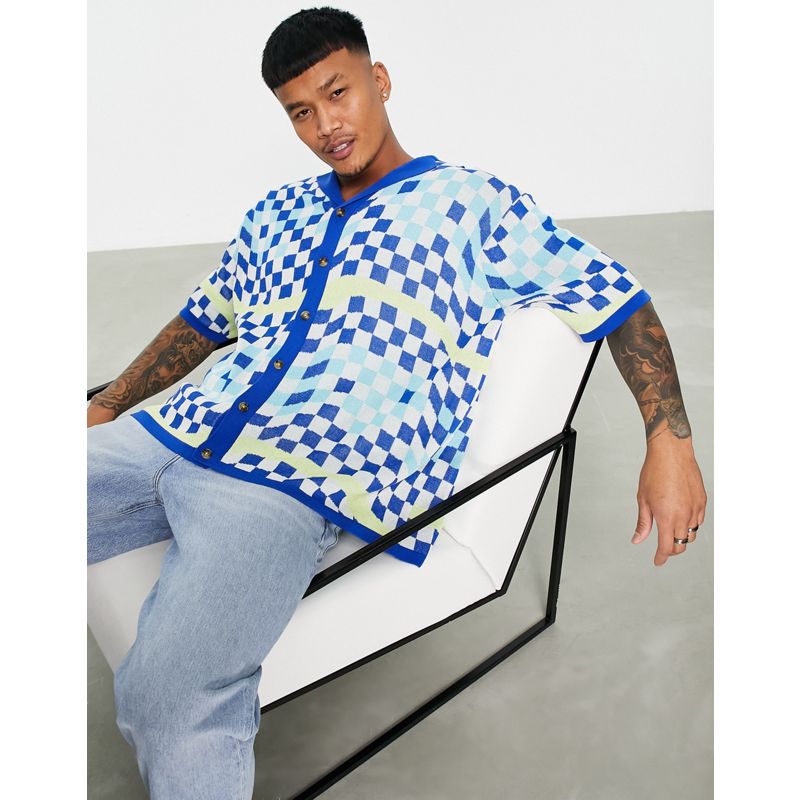 hNMqG Uomo DESIGN - Polo oversize in maglia con bottoni e motivo a quadri, colore blu