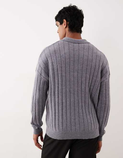 ASOS DESIGN - Polo oversize in maglia grigio mélange a coste in lana d'agnello, 3 di 5