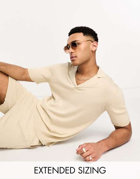 ASOS DESIGN - Polo oversize in maglia leggera di cotone color pietra con rever in coordinato - view 1