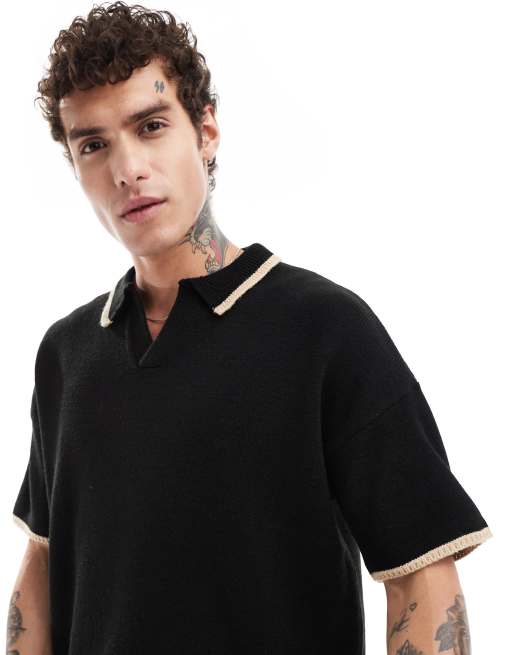 ASOS DESIGN - Polo oversize in maglia nera con bordi a contrasto in coordinato