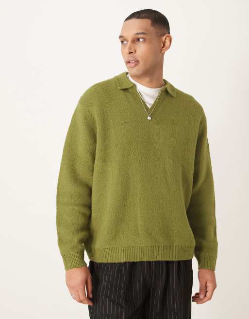 ASOS DESIGN - Polo oversize in maglia spazzolata color kaki con intaglio sul colletto
