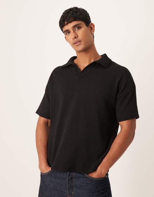 ASOS DESIGN - Polo oversize in maglia testurizzata nera con intaglio sul collo