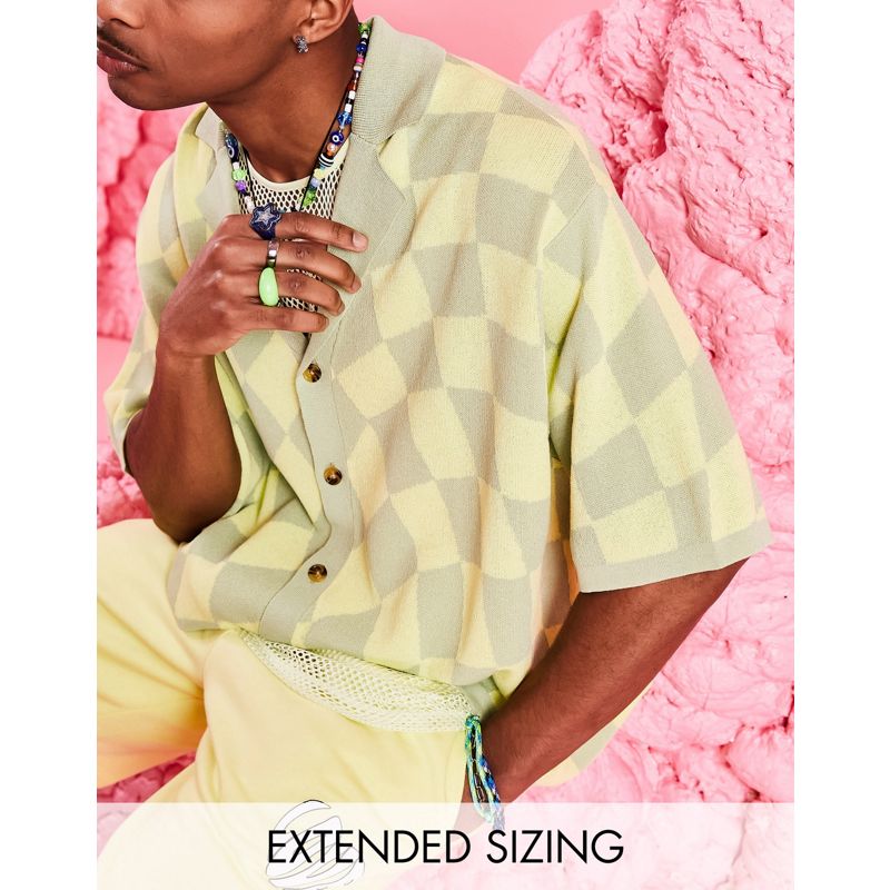 Camicie Uomo DESIGN - Polo oversize in maglia verde lime con bottoni e motivo a quadri
