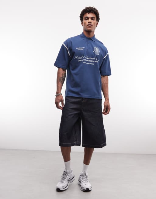 ASOS DESIGN - Polo oversize in piqué pesante blu navy con profili a contrasto e grafica stile calcio, 2 di 5