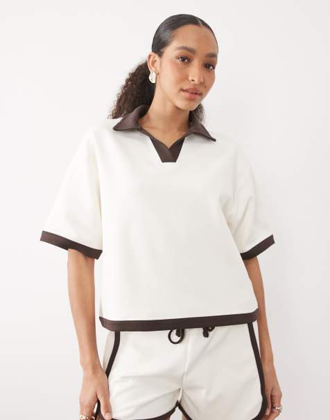 ASOS DESIGN - Polo oversize in tessuto interlock color écru e cioccolato in coordinato - view 1