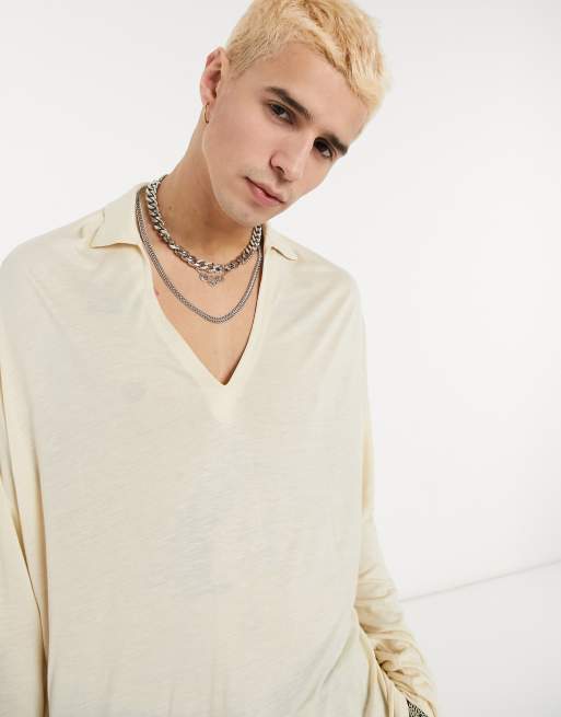 ASOS DESIGN - Polo oversize in viscosa con colletto a rever profondo beige