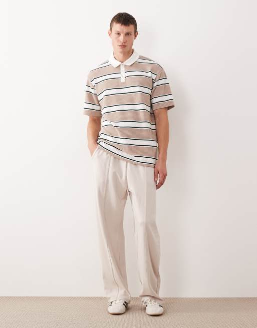 ASOS DESIGN - Polo oversize molto pesante marrone chiaro a righe con grafica, 2 di 5