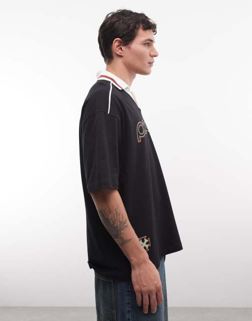 ASOS DESIGN - Polo oversize nera con grafica calcio Portogallo, 4 di 5