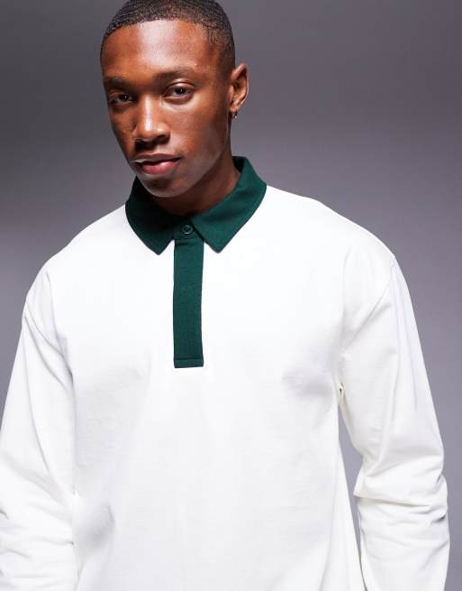 ASOS DESIGN - Polo oversize pesante a maniche lunghe color crema con colletto a contrasto
