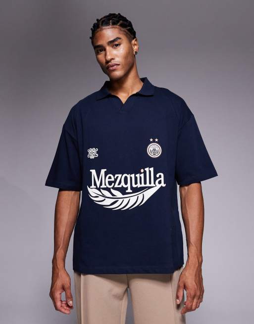 ASOS DESIGN - Polo oversize pesante blu navy con grafiche sportive e pannelli