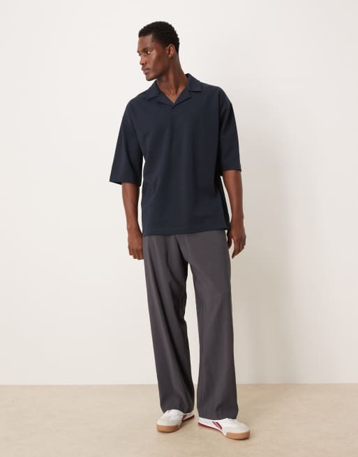 ASOS DESIGN - Polo oversize pesante con mezze maniche e rever blu navy morbida al tatto, 2 di 5