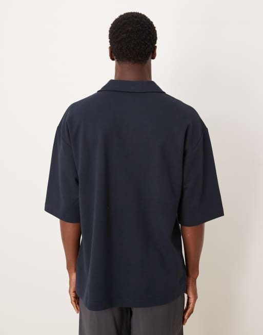 ASOS DESIGN - Polo oversize pesante con mezze maniche e rever blu navy morbida al tatto, 3 di 5