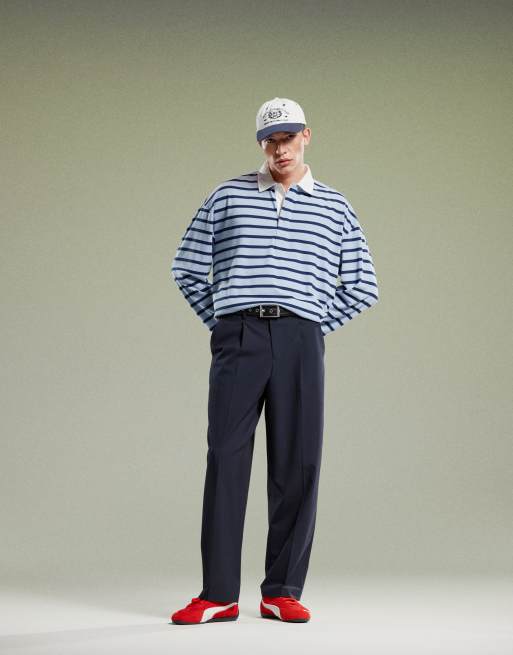 ASOS DESIGN - Polo oversize rayé à épaules tombantes et manches longues - Noir et bleu, 4 de 4