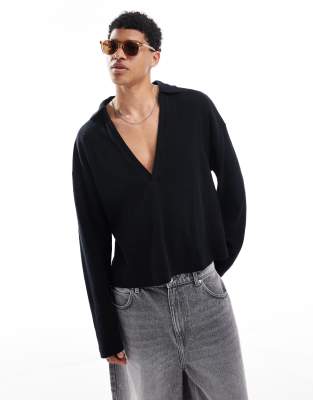 ASOS DESIGN - Polo oversize squadrata a maniche lunghe nera testurizzata con scollo a V profondo - view 1