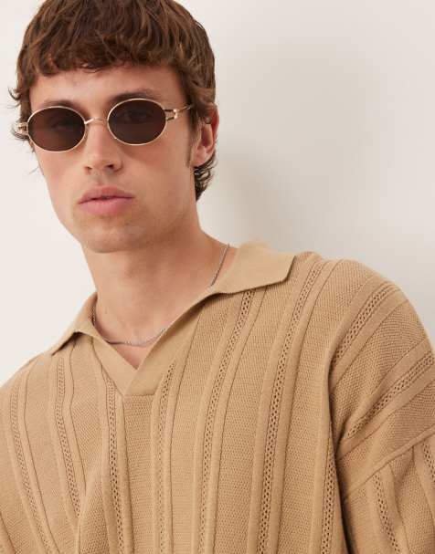 ASOS DESIGN - Polo oversize squadrata beige in maglia a coste con impunture traforate e collo con intaglio - view 1
