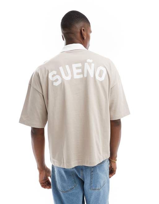 ASOS DESIGN - Polo oversize squadrata color pietra con stampa grafica sul retro