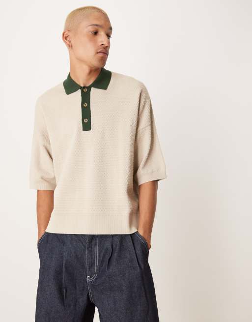 ASOS DESIGN - Polo oversize squadrata écru in maglia testurizzata con colletto a contrasto