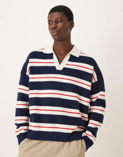 ASOS DESIGN - Polo oversize squadrata in maglia beige a righe con intaglio sul collo