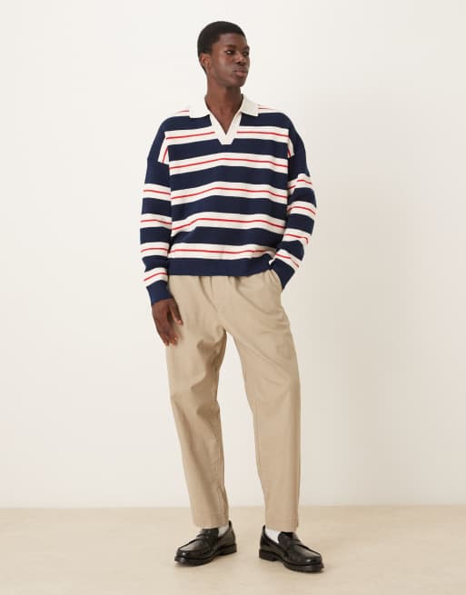 ASOS DESIGN - Polo oversize squadrata in maglia beige a righe con intaglio sul collo, 2 di 5