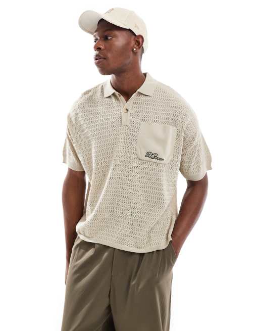 ASOS DESIGN - Polo oversize squadrata in maglia di colore neutro con ricamo