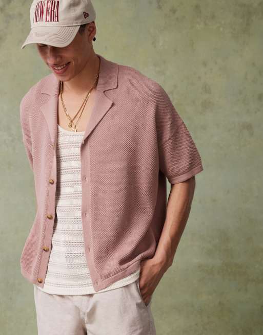 ASOS DESIGN - Polo oversize squadrata in maglia rosa crepuscolare testurizzata con rever