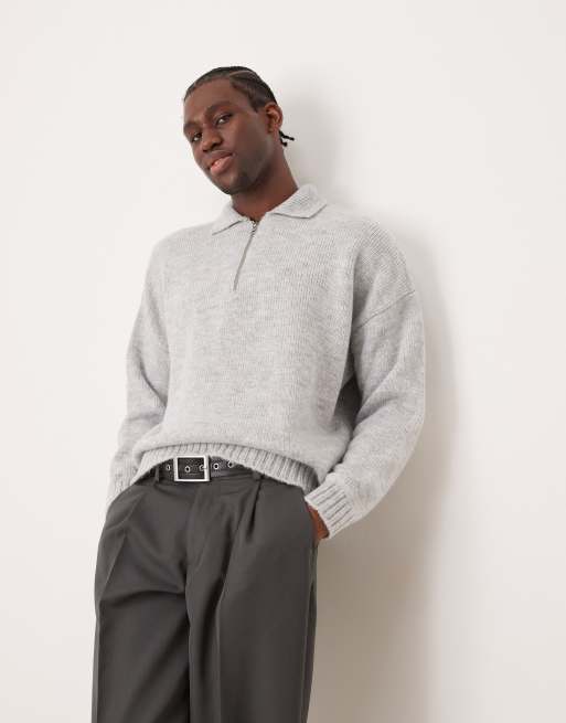 ASOS DESIGN - Polo oversize squadrata in maglia soffice grigia con zip corta