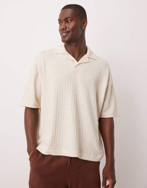 ASOS DESIGN - Polo oversize squadrata in misto lino a coste beige