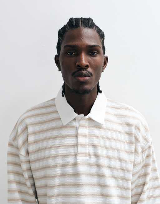 ASOS DESIGN - Polo oversize squadrata in tessuto pesante beige a righe, 3 di 5