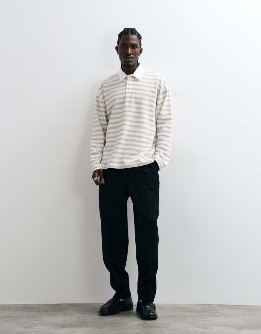 ASOS DESIGN - Polo oversize squadrata in tessuto pesante beige a righe, 4 di 5