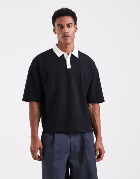 ASOS DESIGN - Polo oversize squadrata nera a nido d'ape con colletto a contrasto - view 1