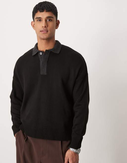 ASOS DESIGN - Polo oversize squadrata nera in maglia con colletto antracite a contrasto