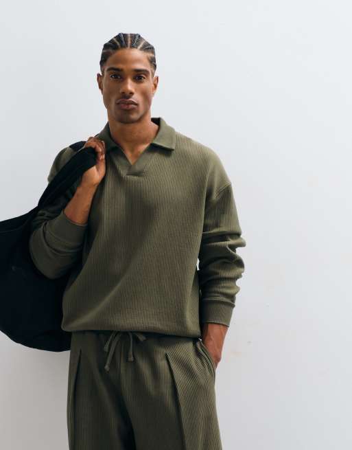 ASOS DESIGN polo oversize squadrato a maniche lunghe in tessuto ottoman color khaki