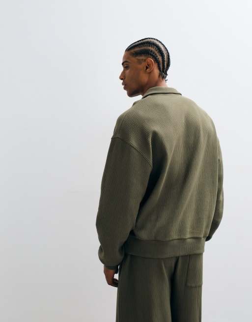 ASOS DESIGN polo oversize squadrato a maniche lunghe in tessuto ottoman color khaki, 4 di 5